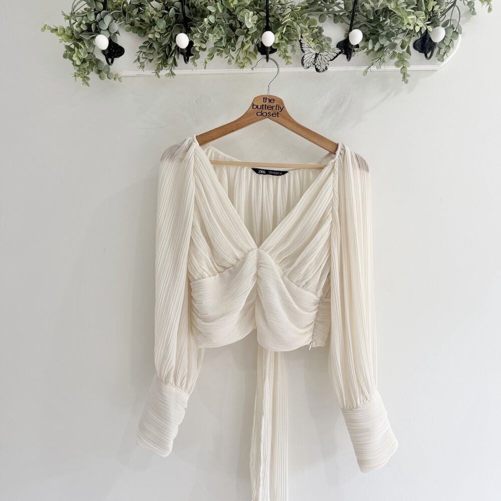 Zara Cream Ruched Balloon Sleeve Cropped Toe Back Blouse Clean Aesthetic Small R